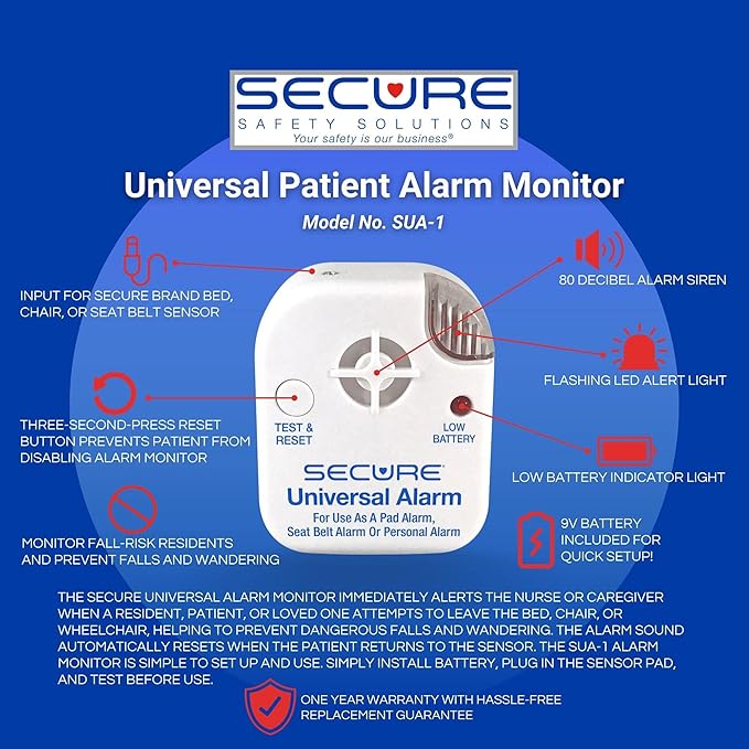 Secure Chair and Bed Alarm for Elderly Adults - Two Alarm Monitors, Bed Sensor and Chair Sensor - Bed Alarms and Fall Prevention for Elderly Dementia Patients