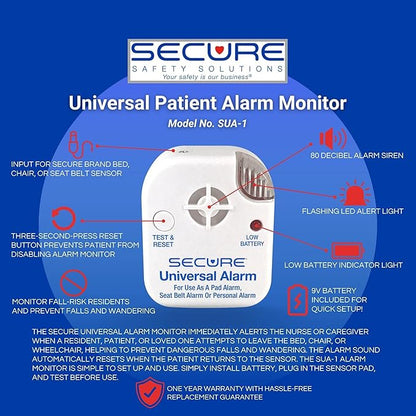 Secure Chair and Bed Alarm for Elderly Adults - Two Alarm Monitors, Bed Sensor and Chair Sensor - Bed Alarms and Fall Prevention for Elderly Dementia Patients