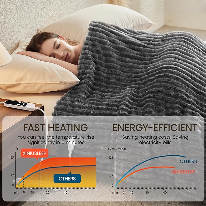 Heated Blanket Electric Blanket 50"x60", Soft Flannel Sherpa Electric Throw with 5 Heating Level & 12 Times Setting, Heated Throw with Overheating Protection, Machine Washable (Grey)