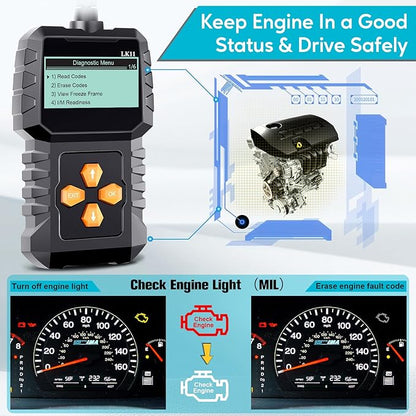 OBD2 Scanner Ease Setup Plug-Play: Clear Reset Engine Error Code Professional Code Reader Diagnostic Scan Tools with Freeze Frame/I/M Readiness for Cars Since 1996 & Newer - LK11