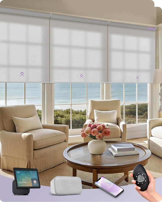 Graywind Smart Coupled Roller Shades Compatible with Alexa Google Custom Size Extra Large Motorized Blinds for Windows(Pure White)