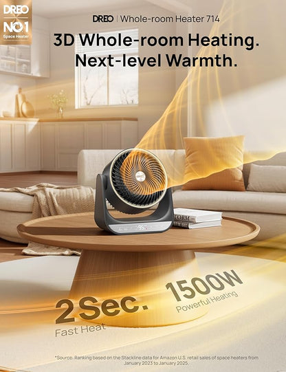 Dreo Whole Room Heater 714, 60° Vertical & 90° Horizontal 3D Oscillating Heating, 12 ft/s Long-Range Circulator, 3 Heat & 3 Fan Settings, Space Heaters for Indoor Use, Bedroom, Office, Grey