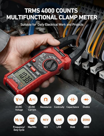 AstroAI Digital Clamp Meter Multimeter 4000 Counts Auto-ranging Amp Tester Measuring AC/DC Voltage & Current, Resistance, Capacitance, Frequency, Continuity, Live Wire Test, NCV Detection, Black