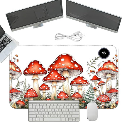 Heated Mouse Pad with 3 Temperature Settings(104°F–122°F),Large 24x14.2 Inch PU Leather Heated Desk Mat,Waterproof Warming Pad for Office,Gaming & Cold Hands Relief,Red Mushroom