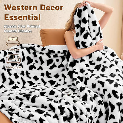 Cow Print Electric Heated Blanket Queen Size,84X90 Black Heating Blanket Queen with Dual Control&Timer&10 Heat Levels,Cute Cow Decor Sherpa Blankets Warmer Gifts for Bed Women Adults
