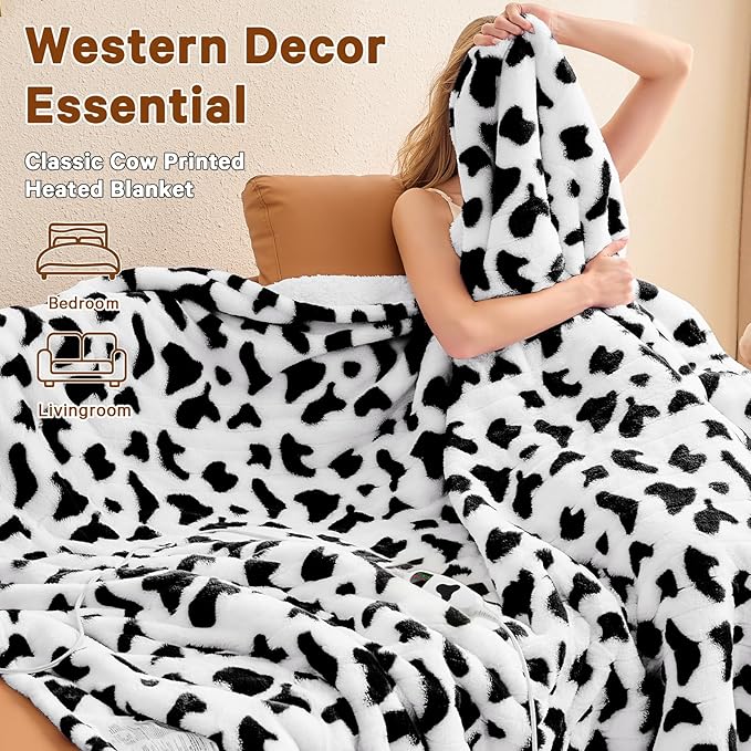Black Heated Electric Blanket Throw,50X60 Cow Print Heating Blanket with 10 Heats Levels & 8 Hours Auto Off,Cute Cow Decor Stuff Soft Fleece Sherpa Blankets Warmer Gifts for Women Washable