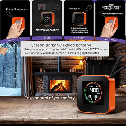 3-in-1 Portable Carbon Monoxide Detector for Travel – UL-Compliant CO Alarm with Temperature and Humidity Monitor, USB-C Rechargeable for RV, Hotel, Camping (1, Orange)