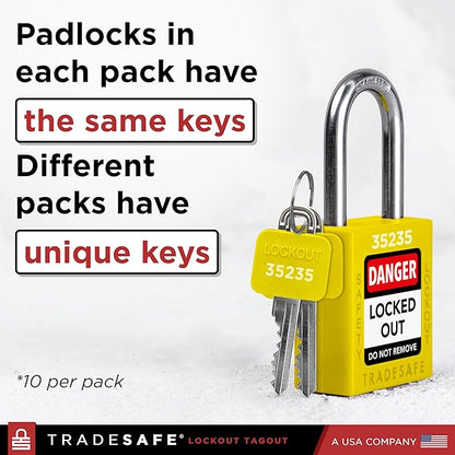TRADESAFE Lockout Tagout Locks Set - 10 Yellow Keyed Alike Padlocks, 2 Keys Per Lock, OSHA Compliant Loto Locks