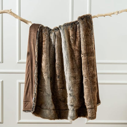 BATTILO HOME Luxury Brown Faux Fur Blanket Thick Warm Elegant Cozy Fuzzy Throw for Couch, Bed, Sofa Fluffy Blankets Decorative Reversible to Plush Velvet, 50"x60"