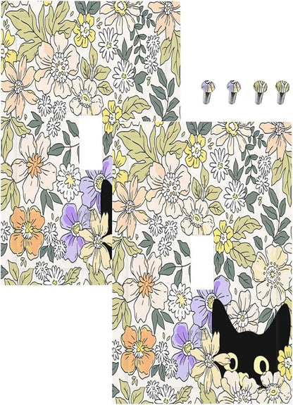 Decorative Light Switch Plate Covers Cute Black Cat in a Flower Patch Botanical Garden 1 Gang Wall Plate Single Toggle Light Switch Covers Artistic Faceplate for Bedroom Decor（2 Pack）