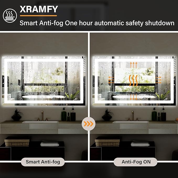 40"x 60"LED Bathroom Mirror, Backlit + Front Lit, LED Bathroom Mirror with Lights for Wall, 3 Colors, Anti-Fog, Dimmable Brightness, Tempered Glass