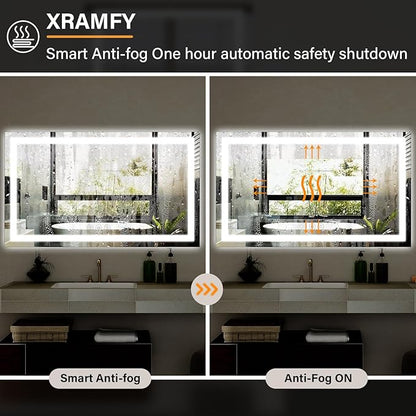 40"x 60"LED Bathroom Mirror, Backlit + Front Lit, LED Bathroom Mirror with Lights for Wall, 3 Colors, Anti-Fog, Dimmable Brightness, Tempered Glass