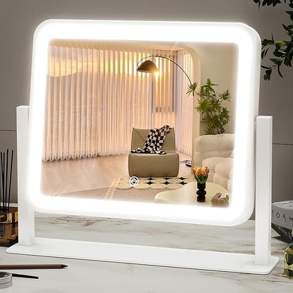 ROLOVE 14"x12"Vanity Mirror, Lighted Makeup Mirror for Vanity Desk, Smart Touch Control, 360° Rotation, 3-Color Modes, Gifts for Women, Bedroom, White