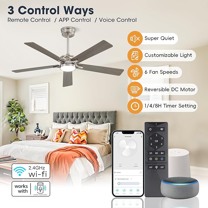 WINGBO 52" Smart Ceiling Fan with Lights, 5 Plywood Blades, 6 Speeds Reversible DC Motor, Works with Alexa and Google Assistant, 3CCT Dimmable LED Ceiling Fan for Bedroom Living Room, Nickel and Grey
