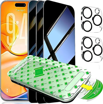 3 Pack for iPhone 16 Pro Max Privacy Screen Protector + 2 Camera Lens Protector 9H+ Tempered Full cover Glass 12FT Military Grade Shatterproof Anti Spy Auto Alignment Kit