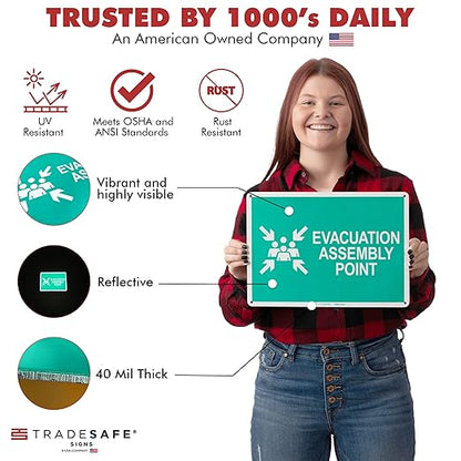 TRADESAFE Evacuation Assembly Point Sign - Emergency Evacuation Sign, Quick Install, Light Reflective, UV-Resistant, Waterproof, 14” X 10” Aluminum Safety Signs for Business