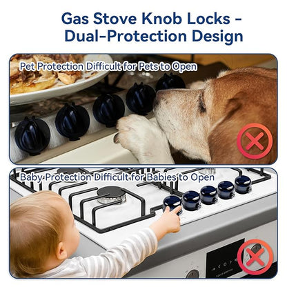 Stove Knob Safety Covers, 5Pcs Fits 90% Oven/Stove 5 Heat Alert Stickers Oven Knob Covers for Child Safety, 2nd Gen Kitchen Burner Childproofing, Gas Stove Knob Locks for Kid Baby Pet (Black)