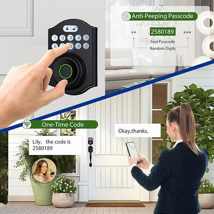 Smart Fingerprint Door Lock, Keyless Entry Deadbolt with Electronic Keypad, Bluetooth App Control, One Time Code, IP65 Weatherproof, for Front Door/Home/Office (Matte Black)