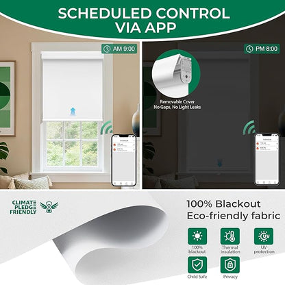 Allesin No Drill Motorized Roller Blinds – Rechargeable Electic Blackout Shades with Cassette Cover, Utral-Quiet Motor, Automatic Blind with Remote for Indoor Windows (White, 30" W x 72" H)