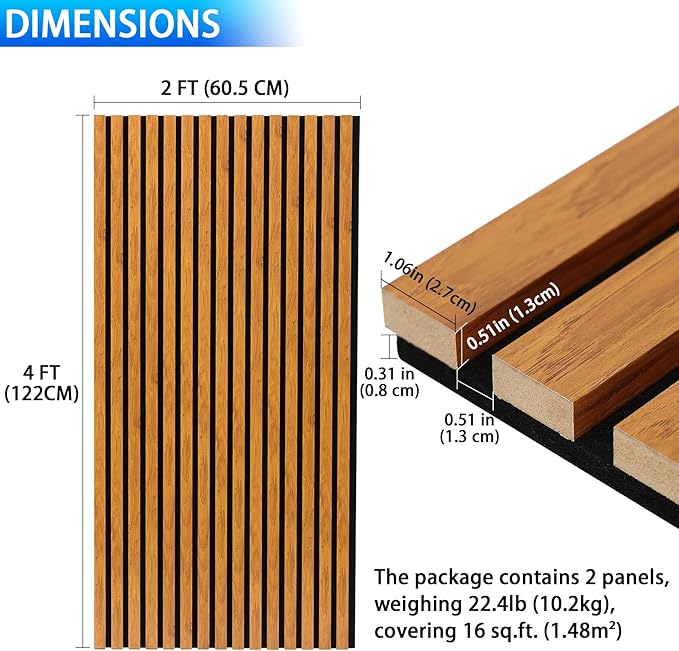 3D Slat Acoustic Wall Panels with Wood Finish Accent, 2 Pack Sound Absorbing Paneling for Studio, Office, Living Room, Bedroom Interior Decor (Natural Walnut, 48''L x 24''W)