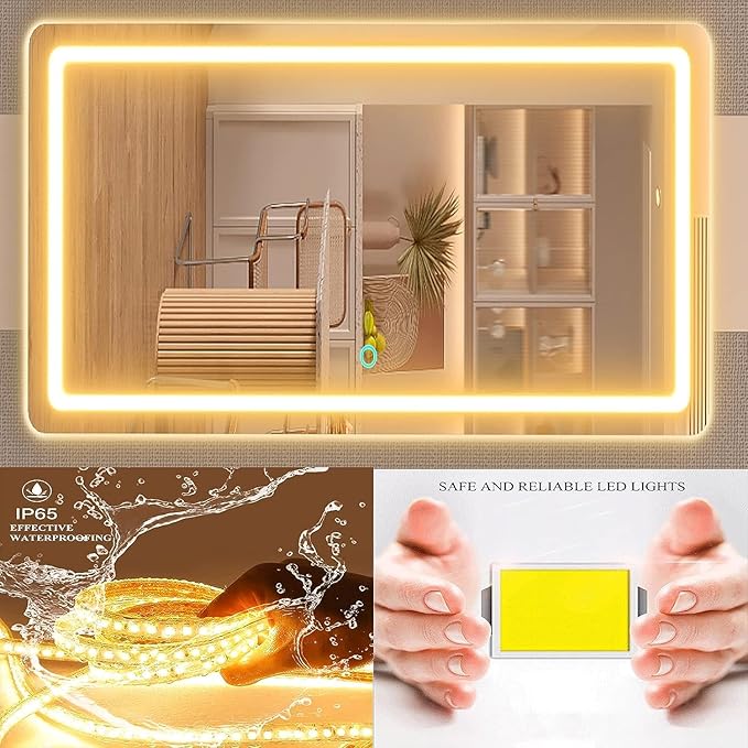 Makeup Vanity Mirror with USB Charging Port 28" x 22" Large LED Makeup Mirror, Desk Mirorr with Lights, Light up Mirror with 10X Magnification and, Dimmable 3 Modes, Touch Gold