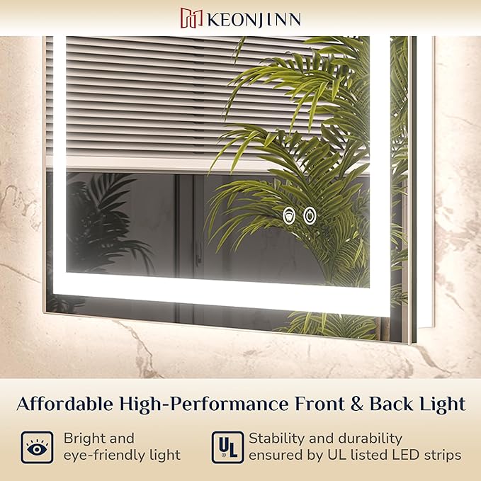 Keonjinn 48 x 40 Inch LED Bathroom Mirror with Lights, Bighter Frontlit & Backlit Vanity Mirror with Stepless Dimmable 3-Color, Anti-Fog Mirror for Wall, HD Tempered Glass, Memory Founction, CR90+