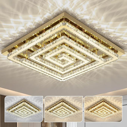 43" Modern Gold Crystal Chandelier with Remote/App Control, Dimmable Flush Mount Ceiling Light Fixture,3-Color Temperature, Led Ceiling Lamp for LivingRoom Bedroom Kitchen DiningRoom Entryway