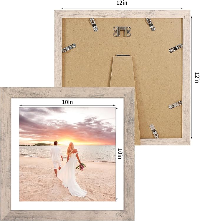 iRahmen 12x12 Picture Frame Set of 4 with Tempered Glass, Smoke Gray Frame Display 10x10 Picture with Mat or 12 x 12 Without Mat, Wood Square Photo Frames for Desktop Display and Wall Mounting