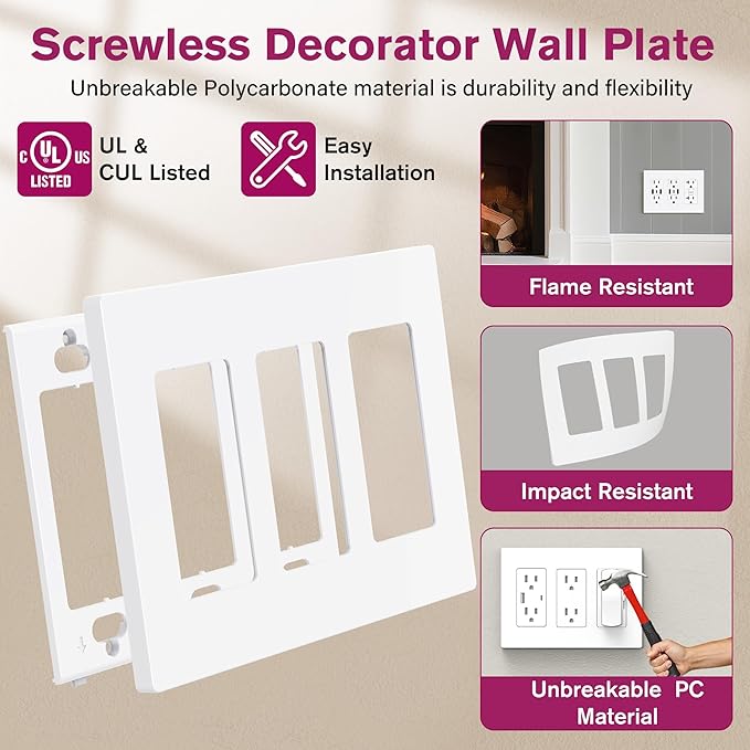 EMITEVER 3-Gang Screwless Decorator Wall Plate Cover for Receptacle Outlet & Light Switch, Standard Size 4.53"H x 6.38"W, Unbreakable Thermoplastic Faceplate, UL Listed, Matte White 5-Pack