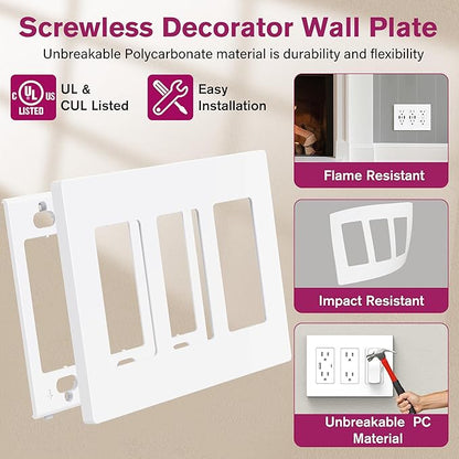 EMITEVER 3-Gang Screwless Decorator Wall Plate Cover for Receptacle Outlet & Light Switch, Standard Size 4.53"H x 6.38"W, Unbreakable Thermoplastic Faceplate, UL Listed, Matte White 1-Pack