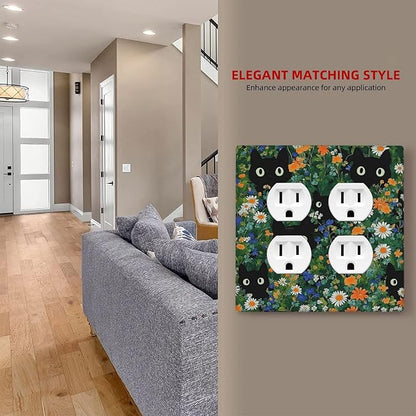 Boho Funny Black Cute Cats Daisy Wildflower Outlet Covers 2 Gang Double Duplex Decorative Light Switch Covers Electrical Wallplates Socket Faceplate For Kids Room Bed Room Decor
