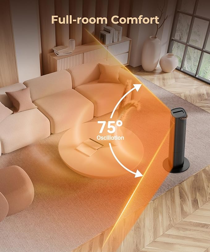 Space Heaters Indoor Use, 26" 12ft/s Electric Heater with Remote, 1500W Electric Heaters with 75°Oscillation, 1-12H Timer, PTC Electric Heater for Large Room, Bedroom Home Office1