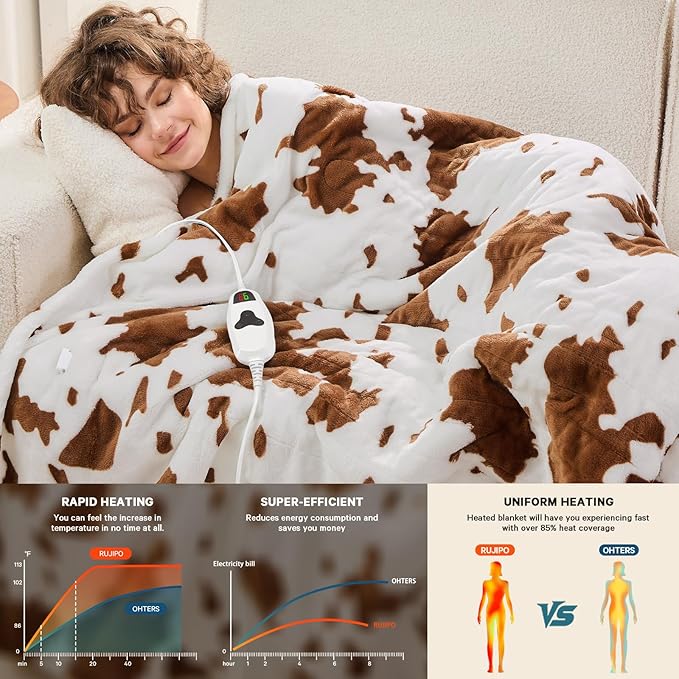 Cow Print Electric Heated Blanket Queen Size,84X90 Brown Heating Blanket Queen With Dual Control&Timer&10 Heat Levels,Highland Cow Decor Fleece Sherpa Blankets Warmer Gifts for Bed Women Adults