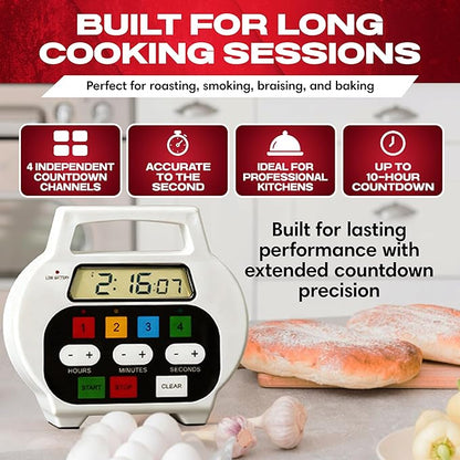 Chef Master 4-Channel Digital Kitchen Timer – Timer for Cooking, Baking & Grilling – LED Display Clock with Independent Countdown Functions for Food Preparation, Roasting, & Tracking - 90218