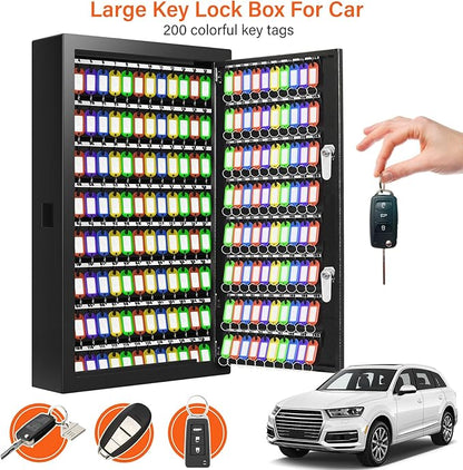 200 Keys Dual Lock Key Cabinet, Anti-Theft Key Lock Box with Key Tags, Adjustable Key Organizer Wall Safe for Car Office House Garage Rental Business