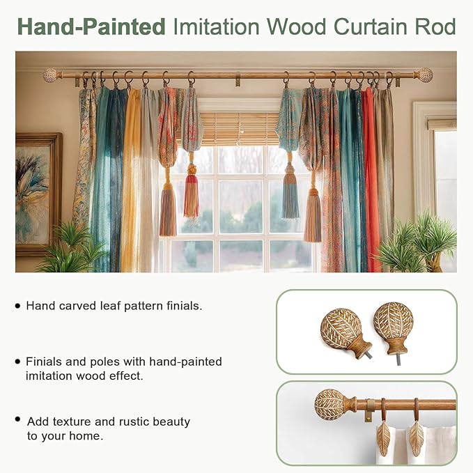 Imitation Wood Grain Ball Curtain Rods for Windows 48 to 84 Inch,1 Inch Heavy Duty Adjustable Wood Curtain Rod,Boho Drapery Rods Set with Brackets,Size:36''-88''
