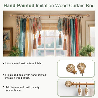 Imitation Wood Grain Ball Curtain Rods for Windows 48 to 84 Inch,1 Inch Heavy Duty Adjustable Wood Curtain Rod,Boho Drapery Rods Set with Brackets,Size:36''-88''