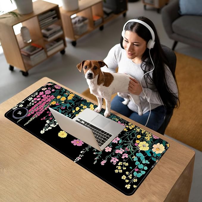 Heated Mouse Pad with 3 Temperature Settings(104°F–122°F),Large 31.5x13 Inch PU Leather Heated Desk Mat,Waterproof Warming Pad for Office,Gaming & Cold Hands Relief,Garden Flowers