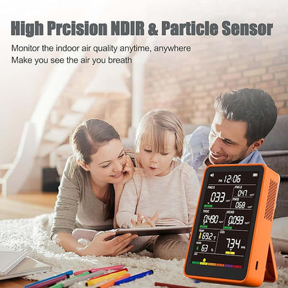 Professional Indoor Air Quality Monitor with AQI Alarms, Portable Real-Time Detector for Home Cars Plants and Pets (Bright Orange)