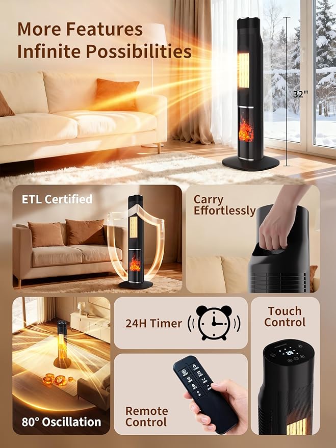 YEW Space Heater Large Room, 1500W Portable Tower Room Heaters with Thermostat and Remote, 24H Timer, 80°Oscillation, Overheat&Tip-over Protection, Electric Ceramic Heater for Indoor Bedroom,Office