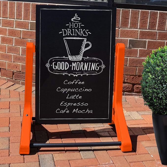 Swinging Changeable Message Sidewalk Sign: 24" x 36" Sign with 792 Pre-Cut Double Sided Letters and Storage Box. Includes Black Board & Letter Board (Orange Color Legs)