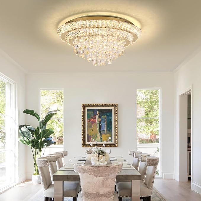 24 inch Flush Mount Crystal Chandelierse with Remote and APP Gold, Modern Elegant LED Crystal Raindrop Ceiling Light Fixtur, 3CCT Dimmable, for Living Room Kitchen Island Bedroom Entryway Foyer