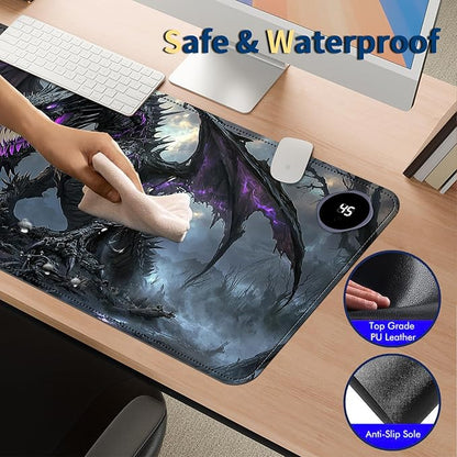 Heated Mouse Pad with 3 Temperature Settings(104°F–122°F),Large 31.5x13 Inch PU Leather Heated Desk Mat,Waterproof Warming Pad for Office,Gaming & Cold Hands Relief,Dark Dragon Fantasy