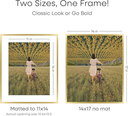 Homeforia 14x17 Picture Frame Gold, High End Metal 14x17 Poster Frames with Mat 11x14 Photo, 14 x 17 Gold Frames Matted to 11 by 14 Print, 17x14 Thin Hanging Frames, Tempered Glass, Wall Kit, Set of 2