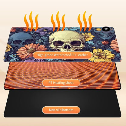 Heated Mouse Pad for Desk 31.5" x 13" – PU Leather Warm Desk Pad with 3 Heat Levels (104°F/113°F/122°F), Plug-in Electric Heating Mat with Auto Shut-Off, Waterproof & Rollable, Floral Skull