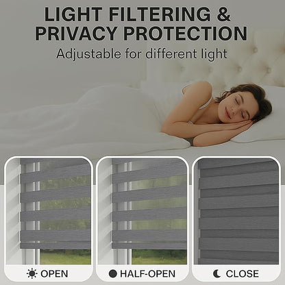 Shadesu Cordless Zebra Blinds for Windows, 42" W x 72" H, Grey, Dual Layer Free-Stop Zebra Shades, Light Control for Day and Night, Sheer Blinds for Indoor Windows, Bedroom, Kitchen