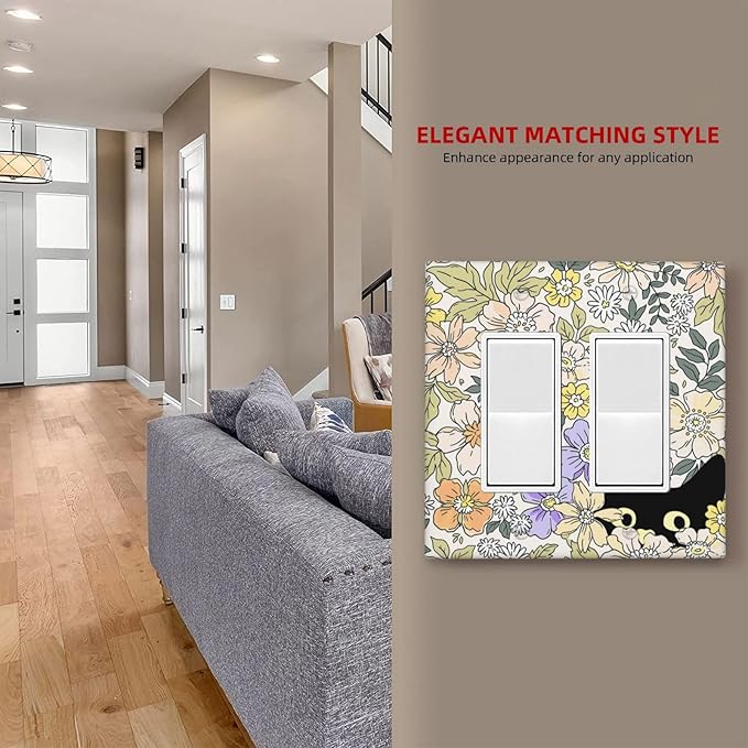 Decorative Outlet Covers Cute Black Cat in a Flower Patch Botanical Garden 2 Gang Wall Plate Double Rocker Light Switch Cover Double Switch Plate Cover for Home Decor （2 Pack）