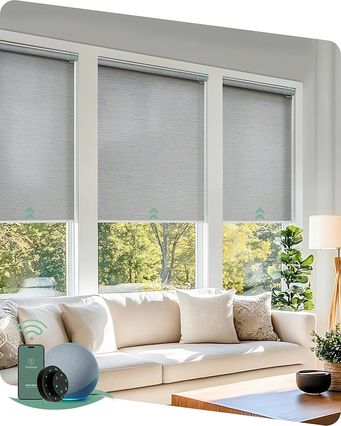 Yoolax Motorized Blinds with Remote, Smart Blinds for Windows Motorized Roller Shades, Automatic Window Shades Compatible with Alexa Custom Size (Room Darkening-Shinny Gray)