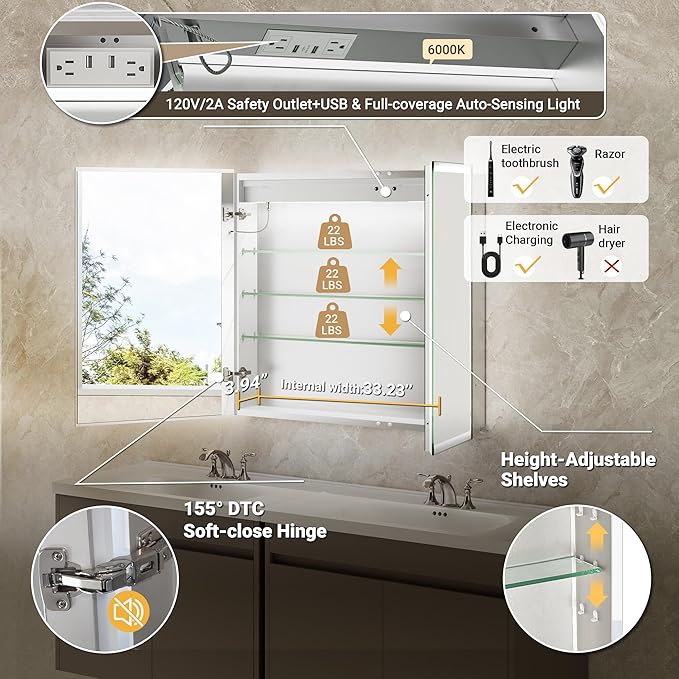 36x30 LED Medicine Cabinet Mirror with Double Lights-Front & Backlit, 155°Soft-close Hinge, Surface or Recessed Dimmable Lighted Medicine Cabinet Mirror with Clock Outlet Inner Light,Anti-fog