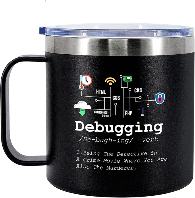 Panvola Debugging Definition Computer Programmer Student Teacher Geek Coder Tech Support Programming IT Insulated Coffee Mug with Handle and Lid Camping Travel Thermal Mugs 14 oz Black